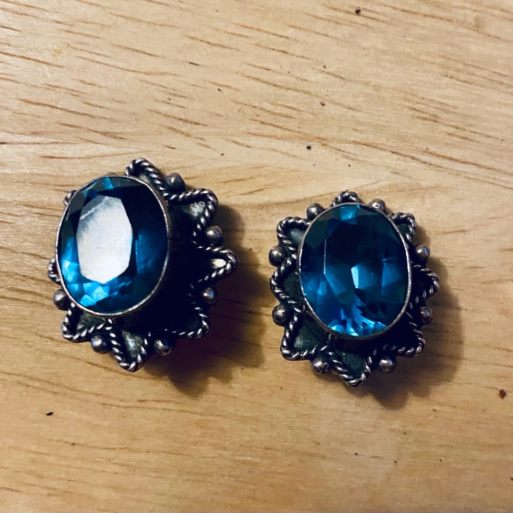 Blue Sapphire 925 Sterling Silver Clip  Earrings
